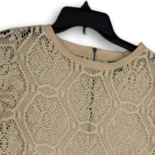 Womens Tan Crochet Short Sleeve Round Neck Back Zip Blouse Top Size S image number 3