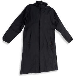 Womens Black Long Sleeve Zipped Pockets Hooded Full-Zip Rain Coat Size 8