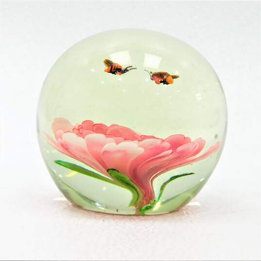 Vintage Murano Style Art Glass Flower & Bees Paperweight image number 2