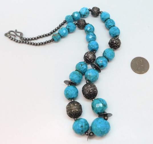 Artisan 925 Faceted Faux Turquoise & Bali Ball & Disc Graduated Beaded Statement Necklace 89.2g image number 7