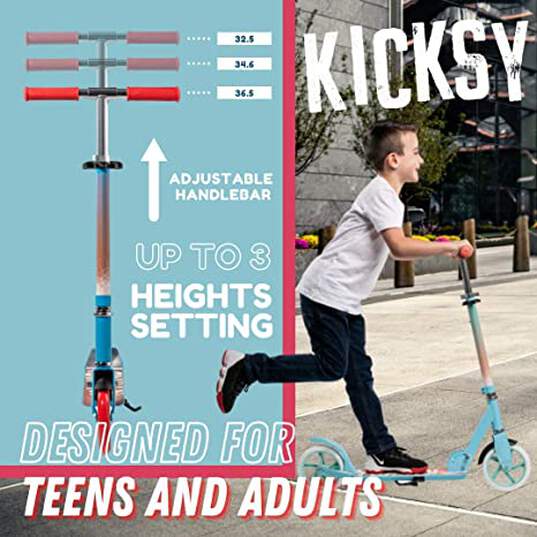 Scooter Bundle x3 - Kicksy Teal Orange - Kick Scooter for Kids Ages 6-12 & Scooter for Teens 12 Years and Up- Big Wheel Scooter for Stability - 2 Wheel Scooter for Boys & Girls- Foldable Kick Scooter Adult - Up to 220 lbs (Limit time only) image number 1
