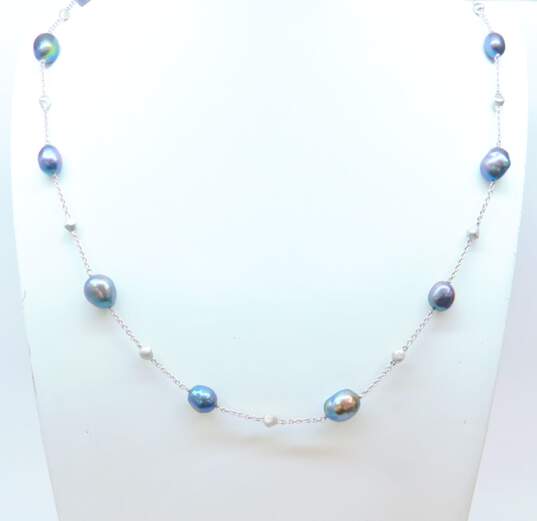 Romantic Sterling Silver Pearl Station Necklace & CZ Ring & Bangle Bracelet 63.2g image number 2