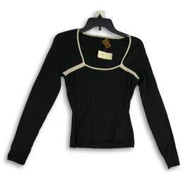 NWT Essendi Womens Black Fitted Square Neck Long Sleeve Pullover Blouse Top Sz L