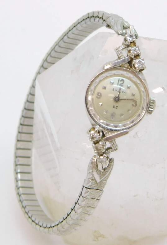Vintage 14K White Gold 0.20 CTTW Diamond Case Bulova 23 Jewel Ladies Watch 13.6g image number 1