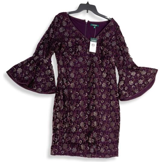 NWT Ralph Lauren Womens Purple Lace Sequin Bell Sleeve Back Zip Sheath Dress 14 image number 1