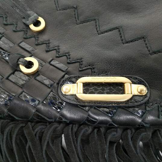 Buy the Jimmy Choo Black Leather Snakeskin Embossed Fringe Clutch ...