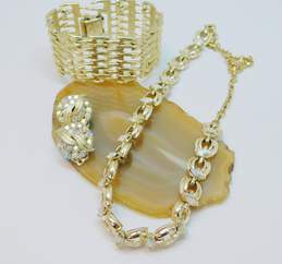 Vintage Aurora Borealis Rhinestone Gold Tone Necklace & Clip On Earrings w/ Coro Woven Chunky Bracelet 115.3g