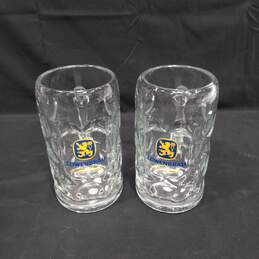 2 Lowenbrau 1 Liter Heavy Glass Thumbprint Beer Mugs