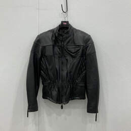 Mens Black Leather Mock Neck Long Sleeve Full-Zip Biker Jacket Size S