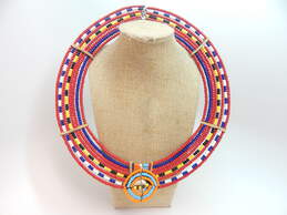 Artisan African Maasai Red Blue Yellow Black White Bead Small Collar Necklace