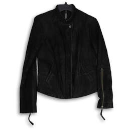 Womens Black Leather Long Sleeve Full-Zip Motorcycle Jacket Size 8