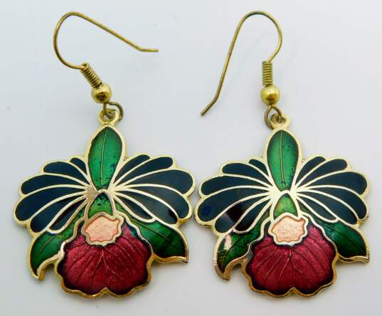 2 Pairs - Gold Tone Iris & Lily Cloisonné Drop Earrings image number 3