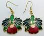 2 Pairs - Gold Tone Iris & Lily Cloisonné Drop Earrings image number 3