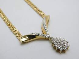 14K Yellow Gold 0.32 CTTW Diamond Chevron Drop Pendant Herringbone Chain Necklace 8.0g
