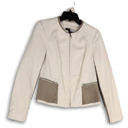 NWT Womens White Faux Leather Long Sleeve Pockets Full-Zip Jacket Size Small