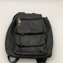 Womens Black Leather Inner Outer Pocket Adjustable Strap Drawstring Backpack