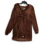 Womens Brown Velvet Long Sleeve Wrap V-Neck Hooded Mini Dress Size Small image number 1