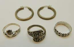 Romantic 925 Sterling Silver Hoop Earrings Claddagh Bypass & Flower Rings 13.4g
