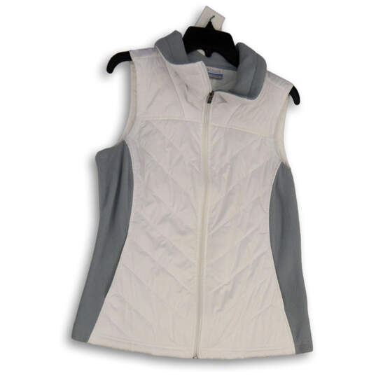 Womens White Gray Mock Neck Pocket Sleeveless Full-Zip Puffer Vest Size M image number 1
