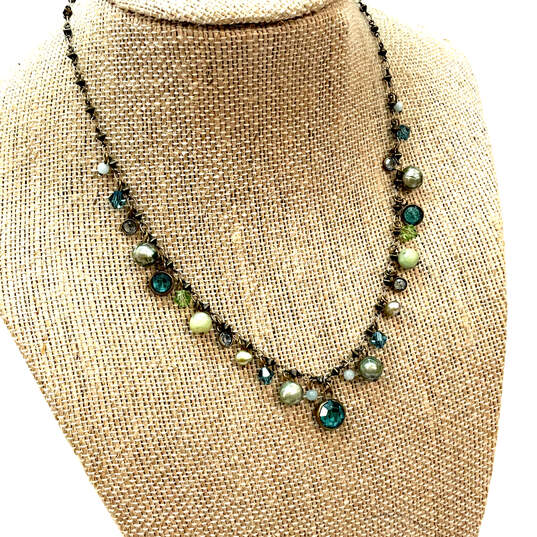 Designer Liz Palacios Silver-Tone Green Blue Rhinestone Link Chain Necklace image number 1