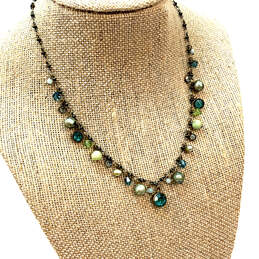 Designer Liz Palacios Silver-Tone Green Blue Rhinestone Link Chain Necklace