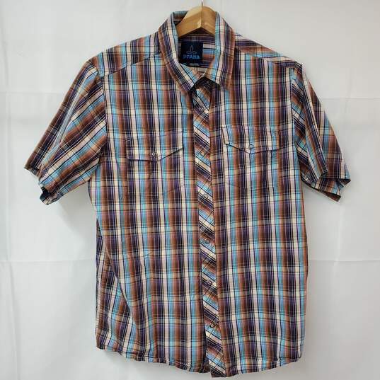 Prana Brown/Blue Plaid Short Sleeves Front Snap Shirt Women's SM image number 1