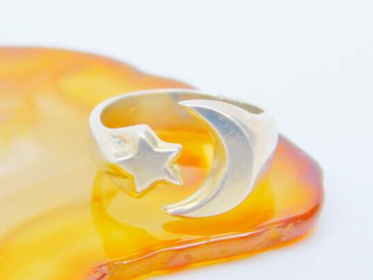 Taxco Sterling Silver & Brass Celestial Moon & Stars Brooch & Chunky Ring 22.0g image number 3