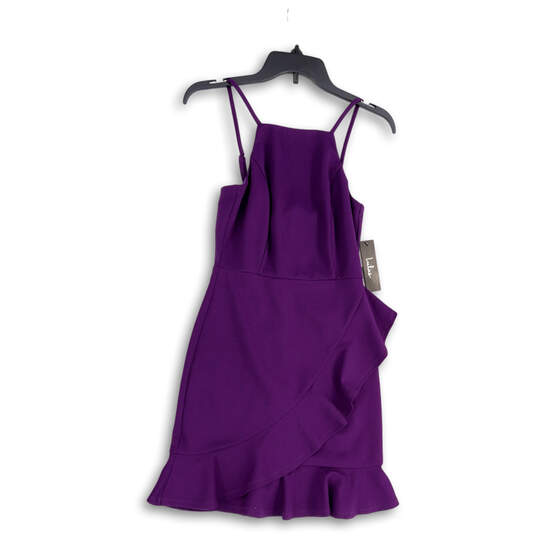 NWT Womens Purple Sleeveless Ruffle Stretch Back Zip Mini Dress Size XS image number 4