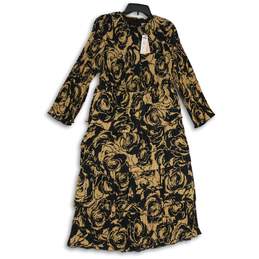 NWT Black Label By Chico's Womens Beige Black Floral Midi A-Line Dress Size 10