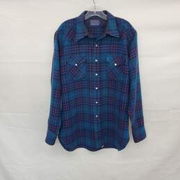 Pendleton Vintage Teal & Blue Wool Plaid Snap Button Shirt MN Size L