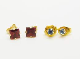 14K Yellow Gold Garnet & Blue CZ Stud Earrings 1.4g