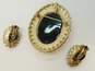 VNTG Black Glass Beaded Necklace & Gold Tone Floral Brooch & Earrings 93.0g image number 6