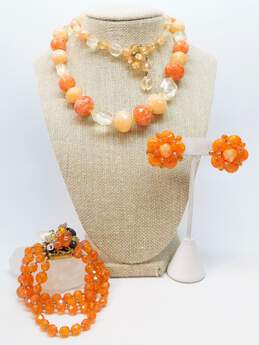 Vintage West Germany & Fashion Icy Orange & Peach Beaded Clip-On Earrings Necklace & Bracelet 121.9g