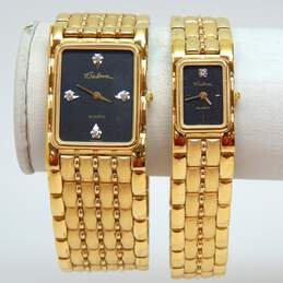 Bulova His & Hers Gold Tone Etched Band Black Dial Watches 114.3g