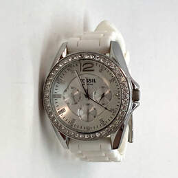 Designer Fossil Silver-Tone Rhinestone Round Dial Analog Wristwatch