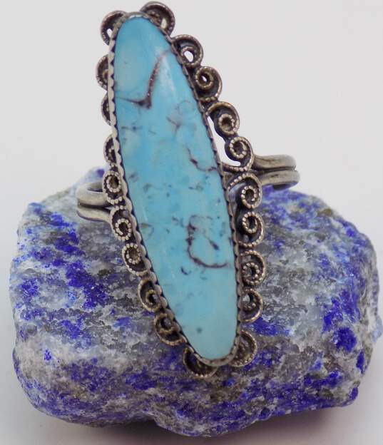 Artisan 925 Southwestern Faux Turquoise Cabochon Open Scrolled Long Ring 5.9g image number 4