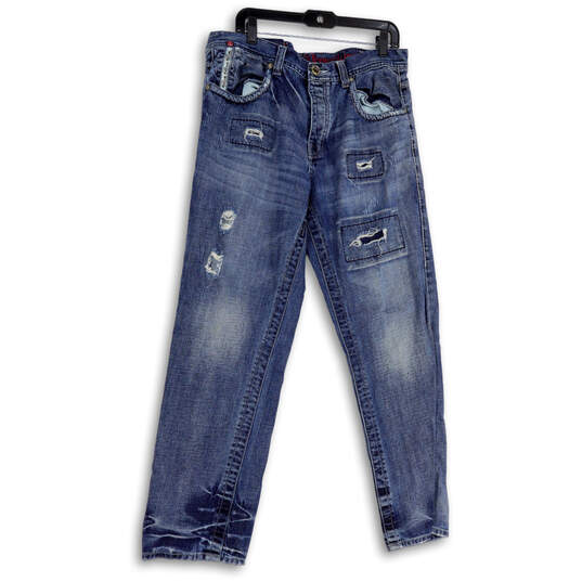 Womens Blue Medium Wash Pockets Distressed Denim Straight Leg Jeans Size 36 image number 1