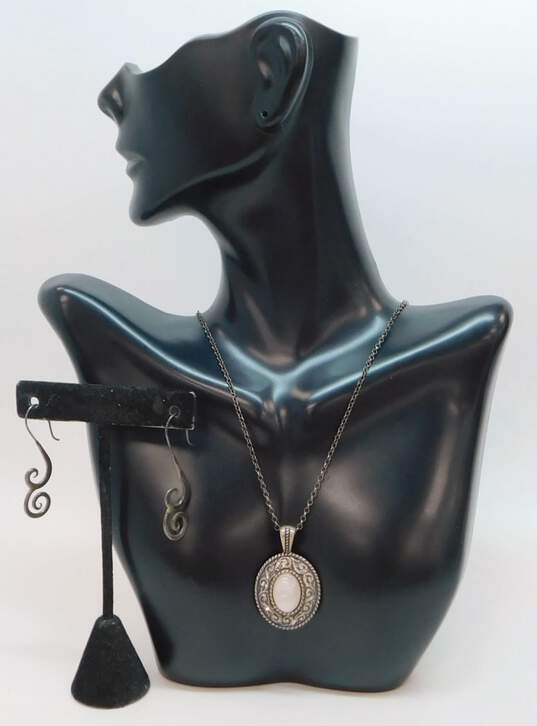 Carolyn Pollack Relios 925 Mother of Pearl Shell Cabochon Etched Scrolls Oval Pendant Necklace & Spirals Drop Earrings 13.8g image number 1