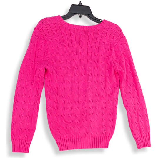 Womens Pink Cable-Knit V-Neck Long Sleeve Pullover Sweater Size Large image number 2