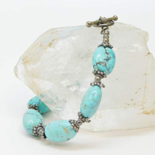 Artisan 925 Southwestern Faux Turquoise Cabochon Flower Drop Post Earrings Granulated Ring & Beaded Toggle Bracelet Set 37.6g image number 3