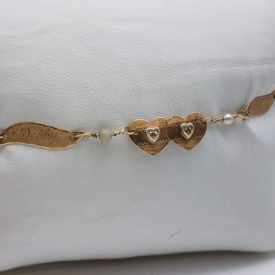 14k Gold Diamond FW Pearl Engraved Double Heart Bracelet 2.2g image number 3