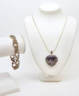 (G) Artisan 925 X & O Marcasite Bracelet & Heart Pendant Necklace 29.3g