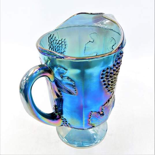 Vintage Carnival Blue Glass Pitcher and 4 Glasses Indiana Iridescent Grape image number 3