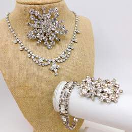 Vintage Icy Rhinestone & Silver Tone Clip-On Earrings Necklace Bracelet & Brooch 67.9g