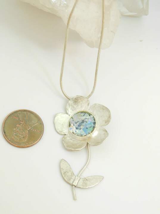 Signed SR 925 Roman Glass Flower Pendant Necklace 10.5g image number 3