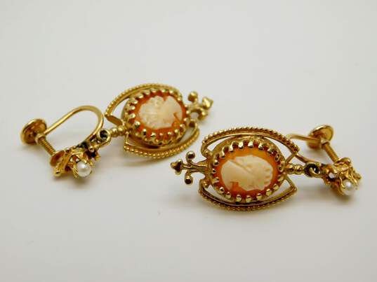 Vintage 14K Gold Seed Pearl & Woman Cameo Intricate Drop Screw Back Earrings 5.4g image number 1