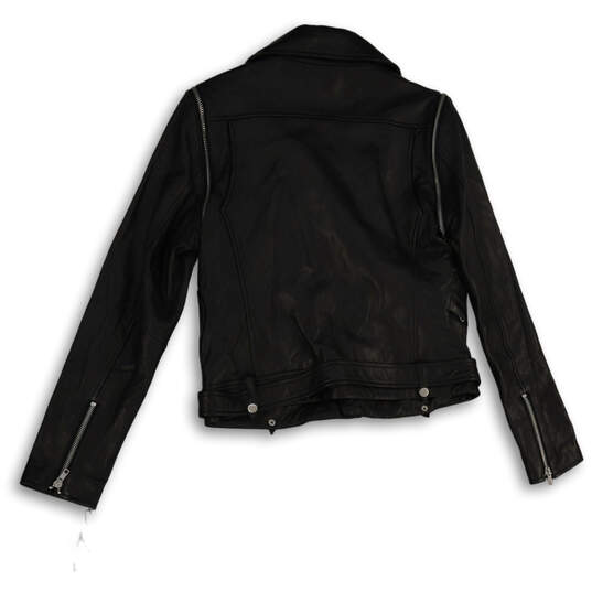 Womens Black Leather Long Sleeve Asymmetrical Zip Motorcycle Jacket Size M image number 2