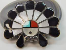 Vintage 925 Zuni Sunface Onyx Mother Of Pearl Turquoise Coral Pendant Brooch 6g alternative image