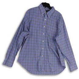 Mens Blue Plaid Long Sleeve Collared Casual Button-Up Shirt Size 18 36/37