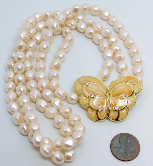 Vintage Kenneth Jay Lane For Avon Double Strand Faux Pearl Butterfly Necklace 60.5g image number 6